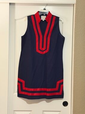 STS Sail to Sable Navy Blue Midi Dress with Red Trim. Linen. Size L